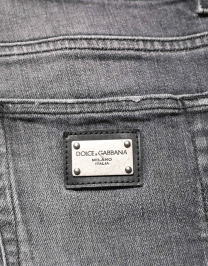 Grey Cotton Denim Slim Fit Distressed Pants Jeans