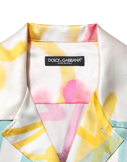 White Silk Hawaiian Graffiti Print Men Casual Shirt