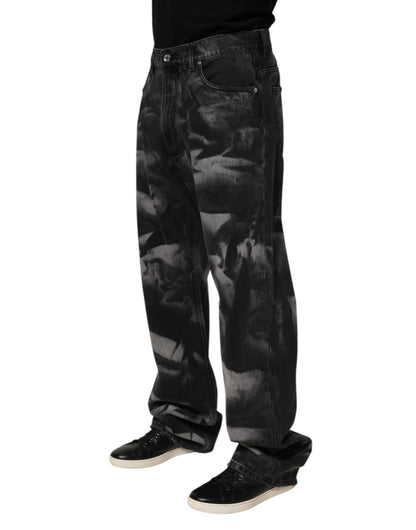 Black Marbled Effect Straight Men Denim Jeans