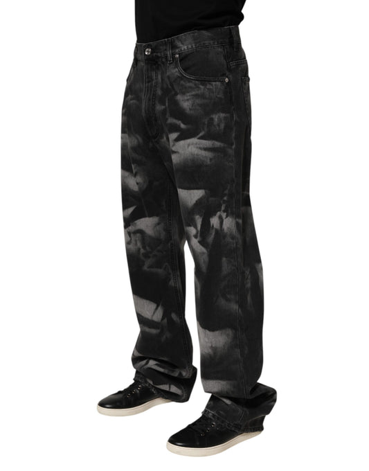 Black Marbled Effect Straight Men Denim Jeans