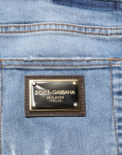 Blue Tattered Slim Fit Cotton Denim Jeans