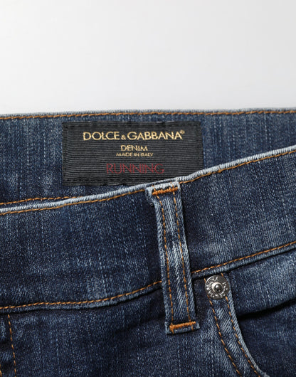 Dark Blue Washed Running Ripped Denim Jeans