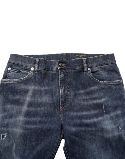 Dark Blue Washed Running Ripped Denim Jeans