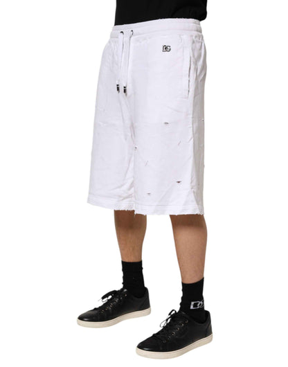 White Ripped Mid Waist Casual Bermuda Short