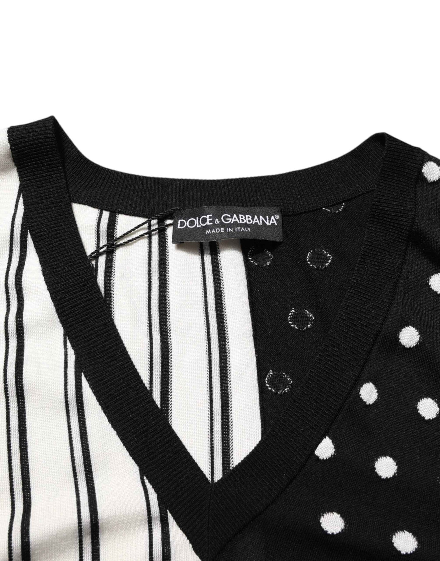 Black White Stripe Polka V-Neck Pullover Sweater
