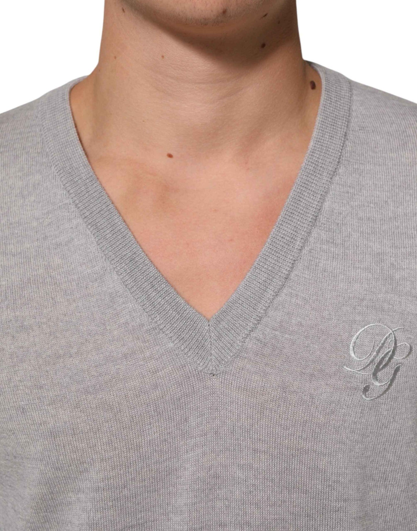 Gray Wool Knit Logo V-Neck Pullover Sweater