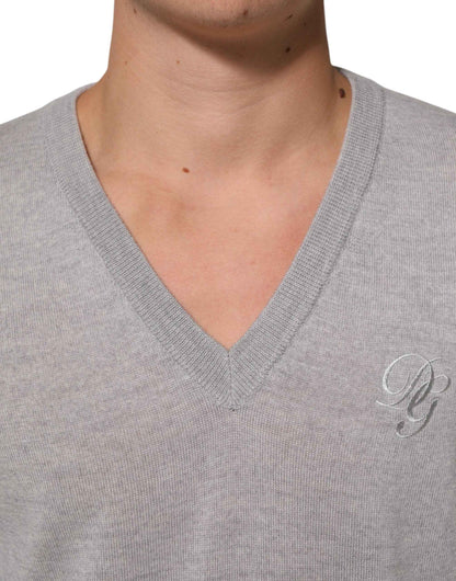 Gray Wool Knit Logo V-Neck Pullover Sweater