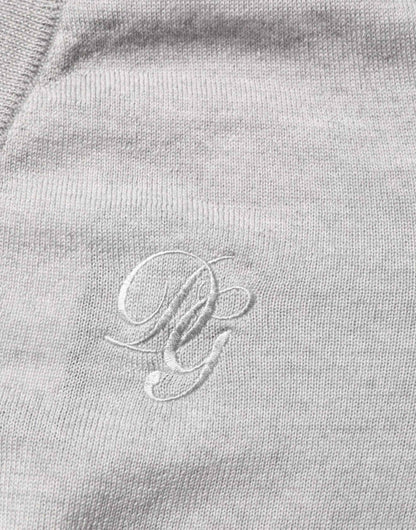Gray Wool Knit Logo V-Neck Pullover Sweater