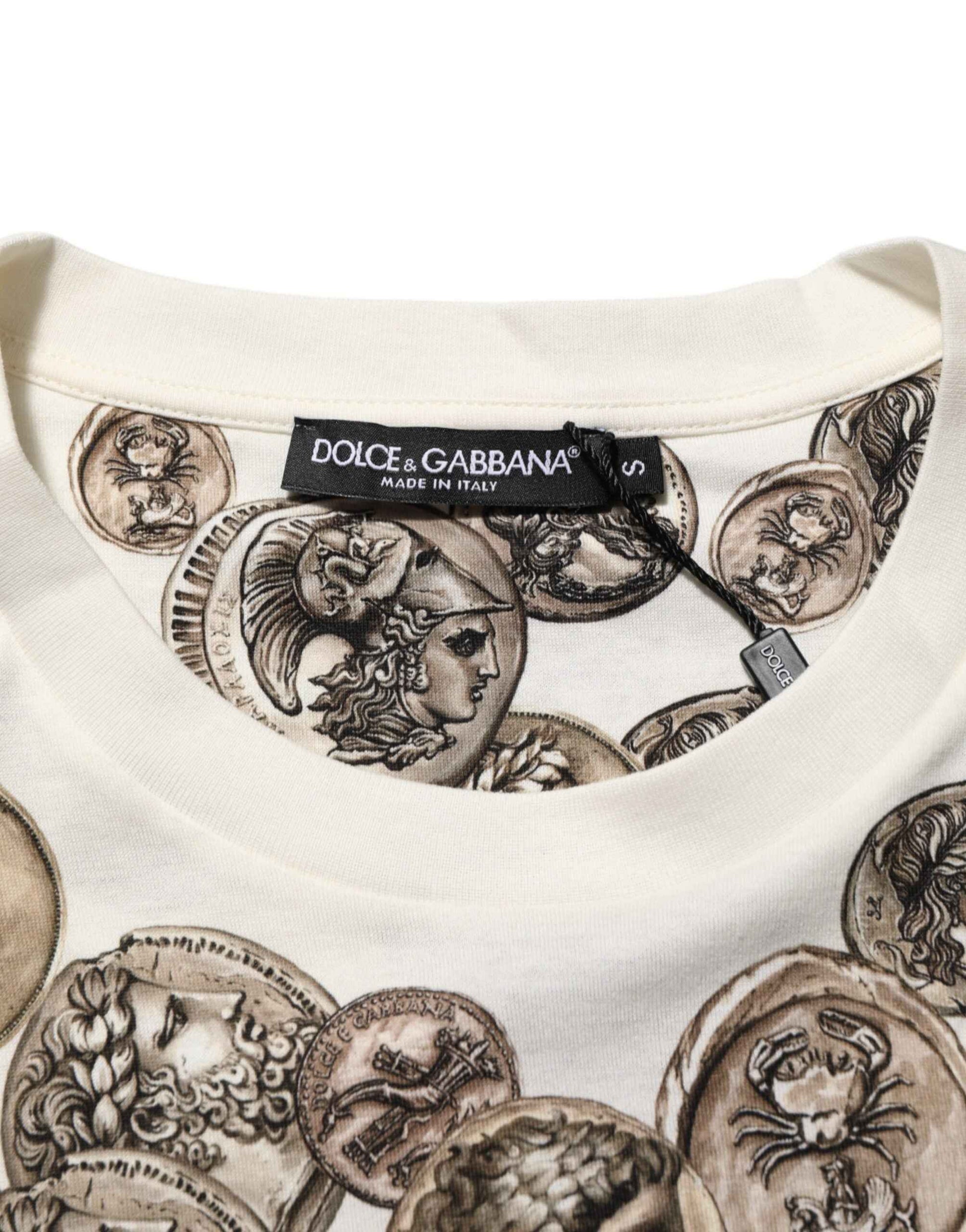 White Coin Print Cotton Crew Neck Men T-shirt