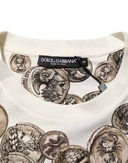 White Coin Print Cotton Crew Neck Men T-shirt