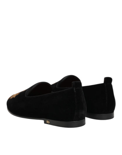 Black Velvet Gold Crown Mens Loafers Shoes