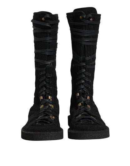 Black Alpaca Wool Suede Mid Calf Boots Shoes