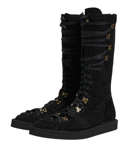 Black Alpaca Wool Suede Mid Calf Boots Shoes