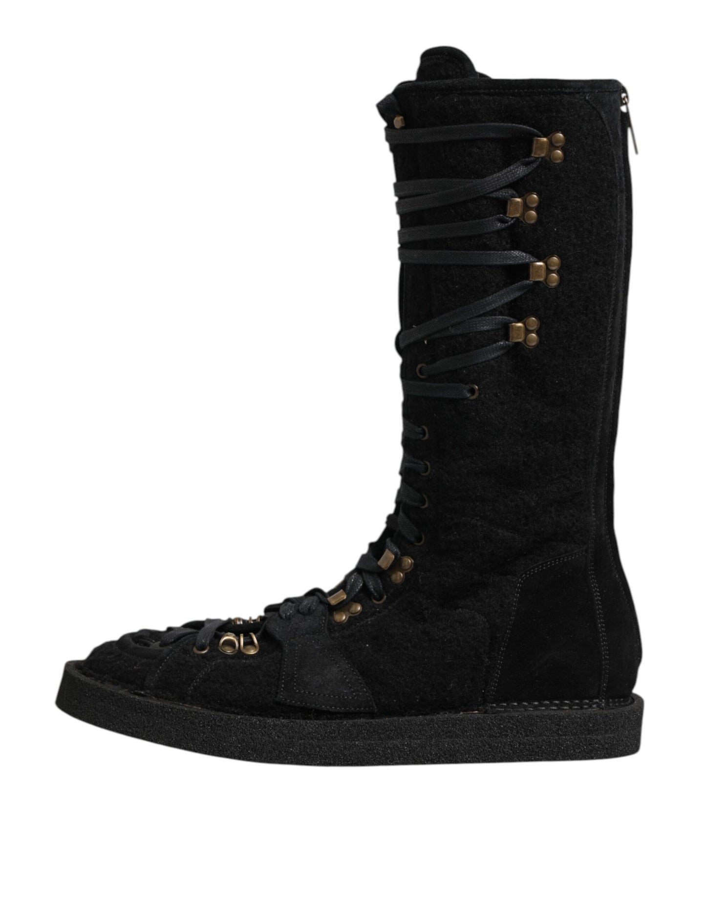 Black Alpaca Wool Suede Mid Calf Boots Shoes