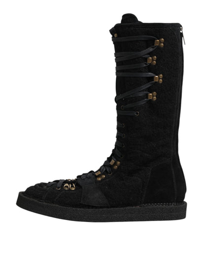 Black Alpaca Wool Suede Mid Calf Boots Shoes