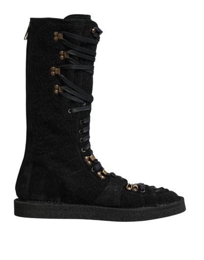 Black Alpaca Wool Suede Mid Calf Boots Shoes
