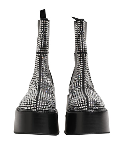 Black Crystal Strass Mid Calf Short Boots  Shoes