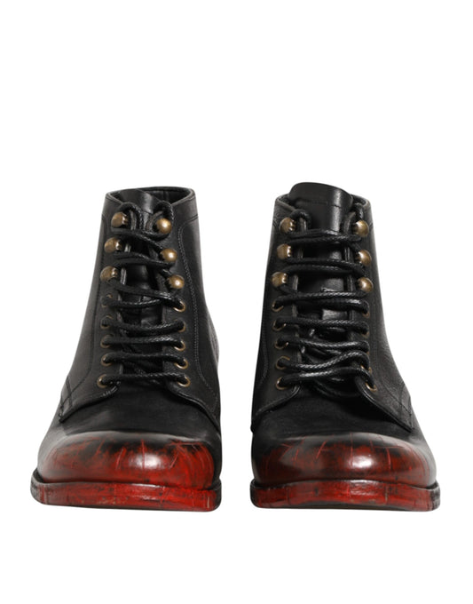 Black Red Lace Up Short Ankle Boot Shoes