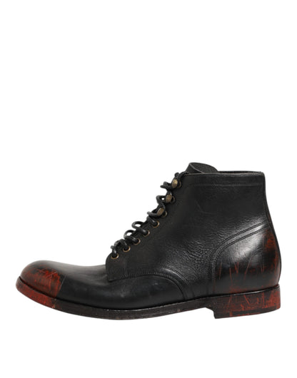 Black Red Lace Up Short Ankle Boot Shoes