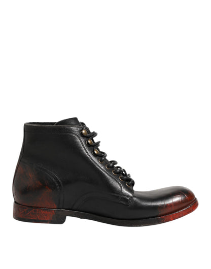 Black Red Lace Up Short Ankle Boot Shoes