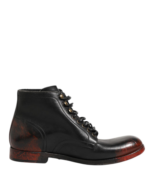 Black Red Lace Up Short Ankle Boot Shoes