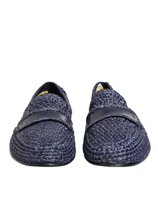 Blue Woven Leather Slip On Loafers Men Shoes