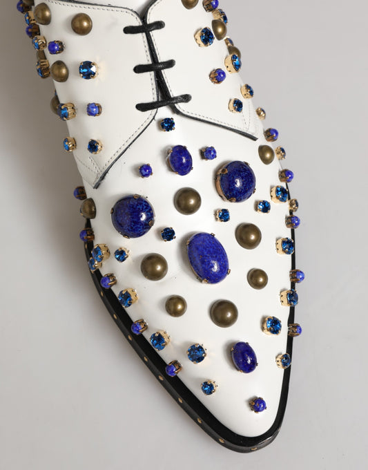 White Leather Crystals Embellished Dress Shoes