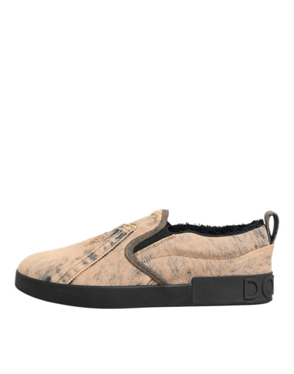 Beige Cotton Low Top Slip On Sneakers Shoes