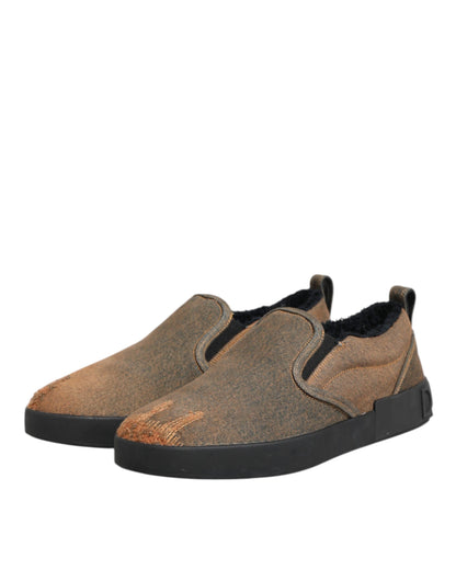 Brown Cotton Low Top Slip On Sneakers Shoes