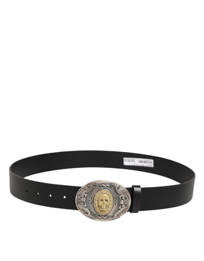 Black Leather Ornate Metal Buckle Men Belt