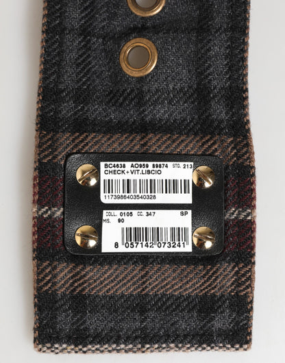 Plaid Fabric Logo Plate Brass Buckle Belt