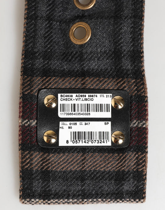 Plaid Fabric Logo Plate Brass Buckle Belt