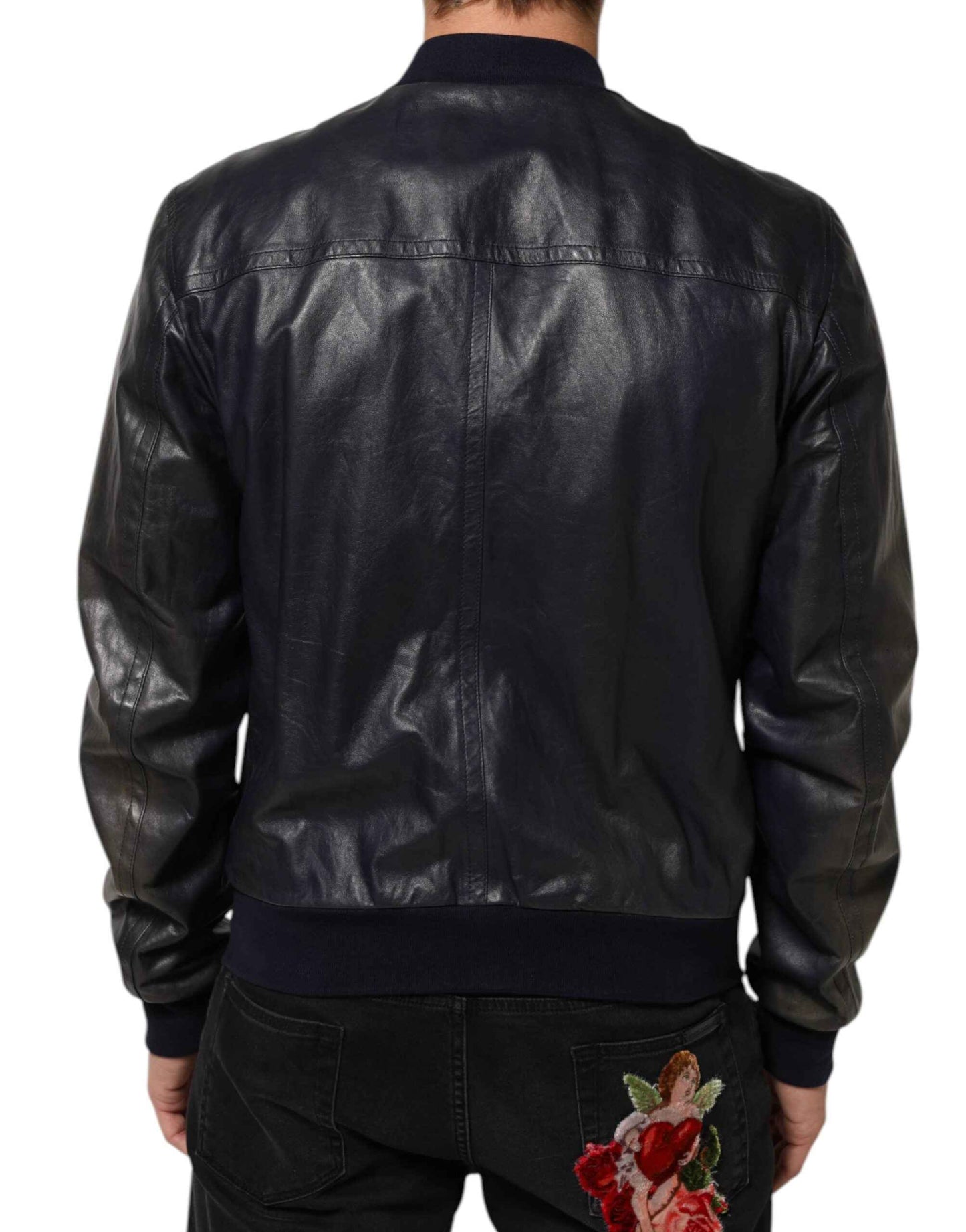 Blue Leather Full Zip Biker Blouson Jacket