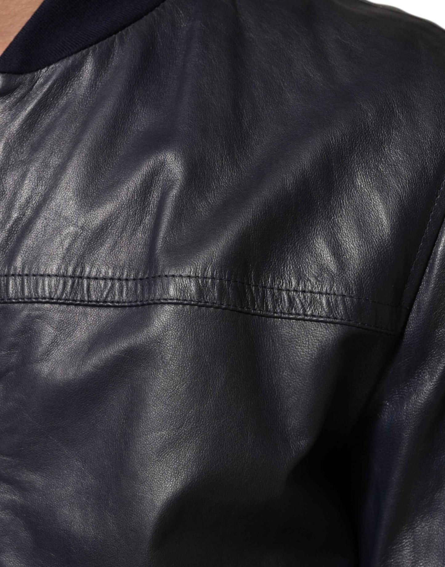 Blue Leather Full Zip Biker Blouson Jacket