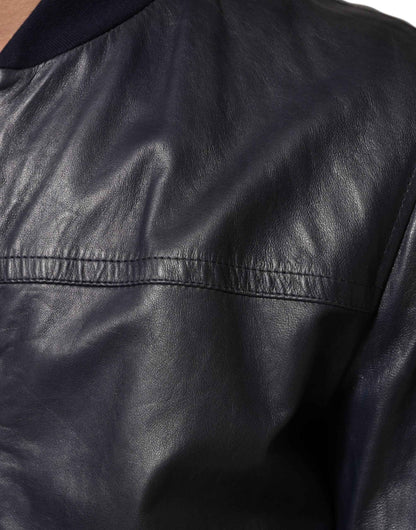 Blue Leather Full Zip Biker Blouson Jacket
