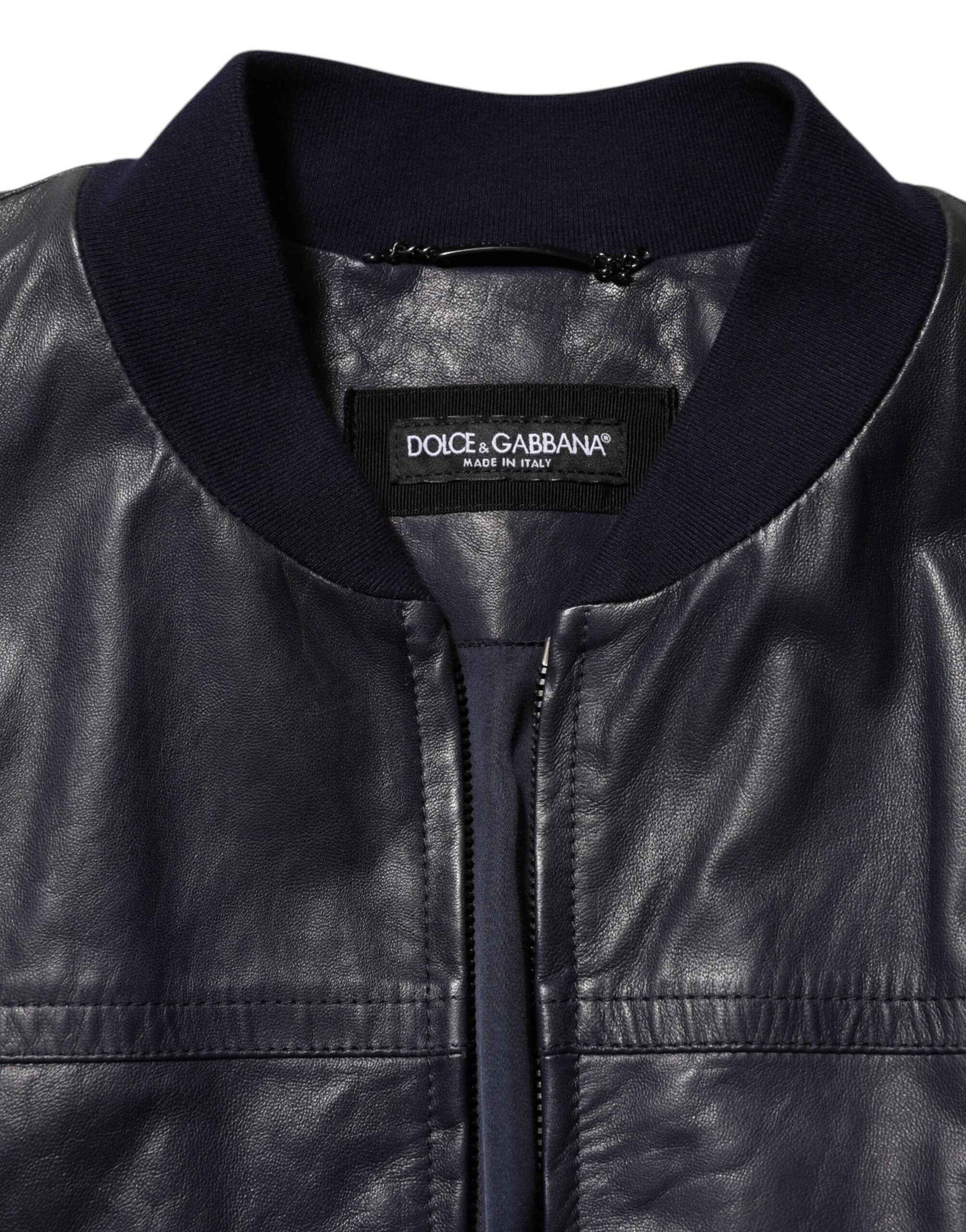 Blue Leather Full Zip Biker Blouson Jacket