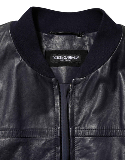 Blue Leather Full Zip Biker Blouson Jacket