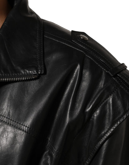 Black Leather Full Zip Biker Blouson Jacket