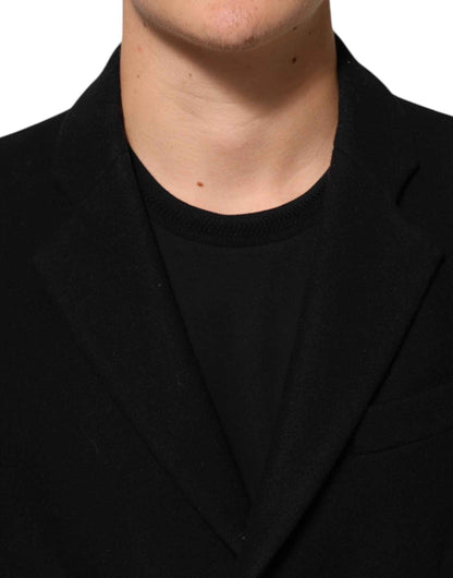 Black Wool Buttoned Men Trench Coat Jacket