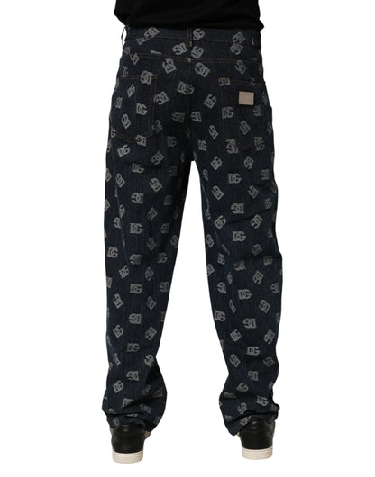 Blue Logo Print Straight Denim Men Jeans