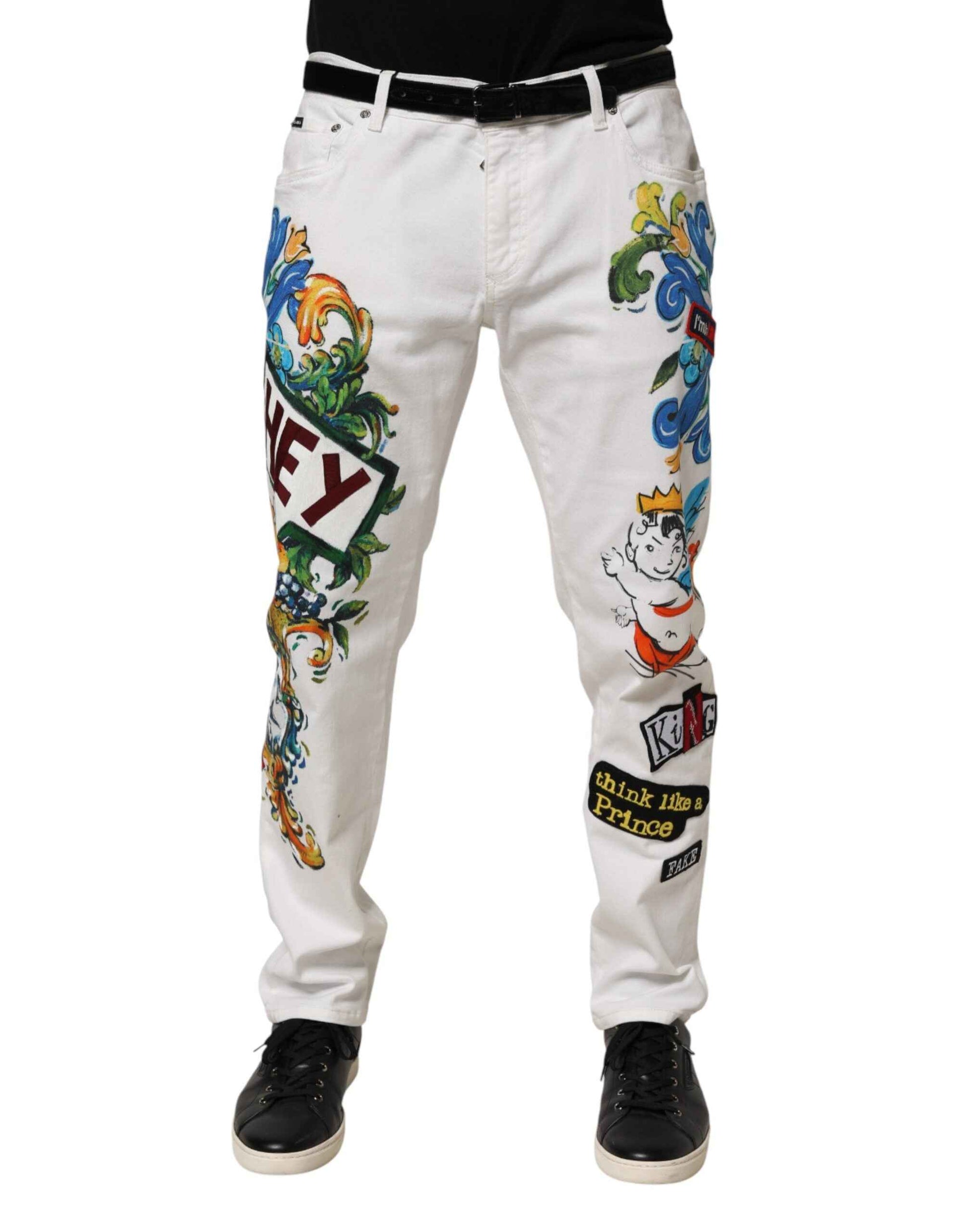White Graffiti Print Skinny GOLD Denim Jeans