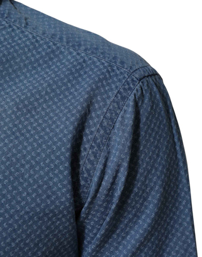 Blue Cotton Slim Fit Collared Long Sleeve Casual Shirt