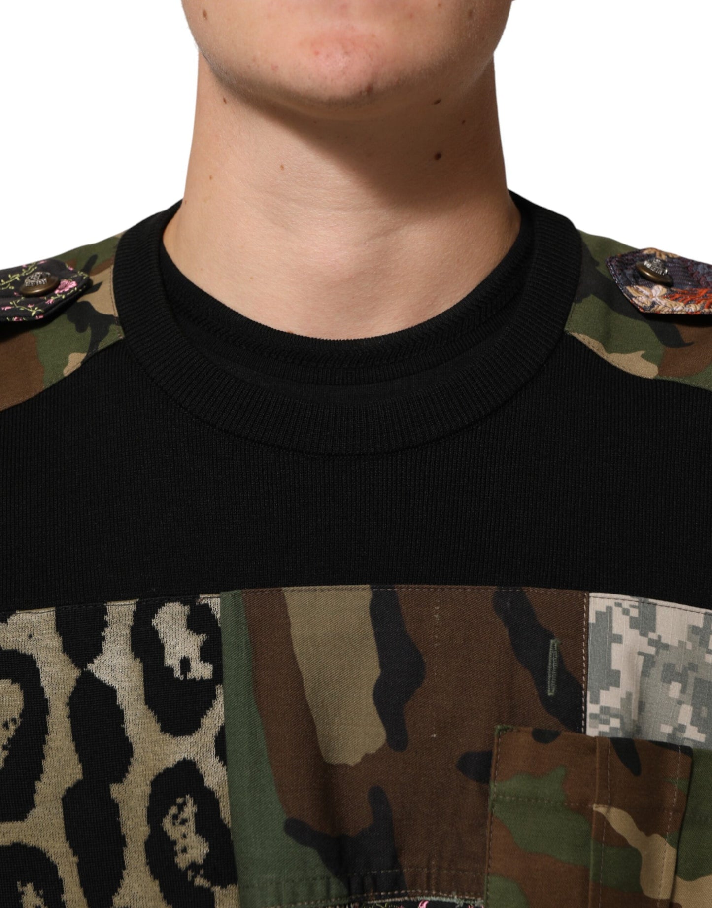 Black Patchwork Crew Neck Pullover Sweater