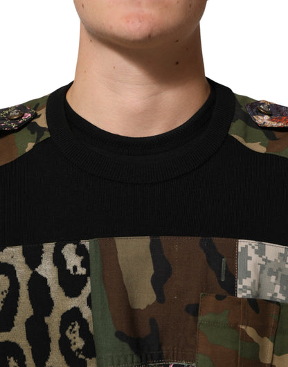 Black Patchwork Crew Neck Pullover Sweater