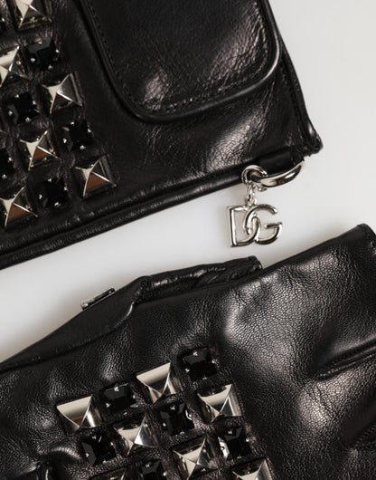 Black Leather Studded Fingerless Hand Mitten Men Gloves