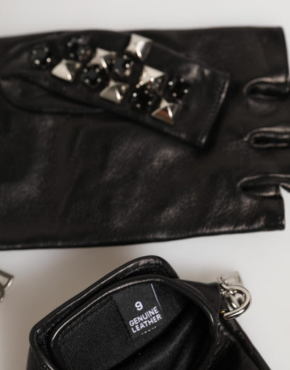 Black Leather Studded Fingerless Hand Mitten Men Gloves