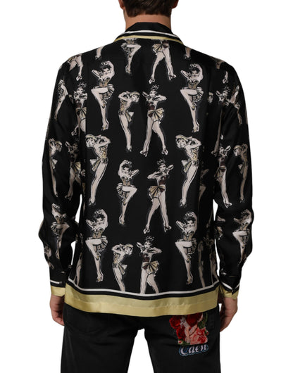 Black Silk Pin Up Printed Button Down Shirt