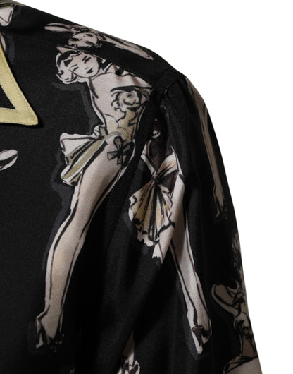 Black Silk Pin Up Printed Button Down Shirt