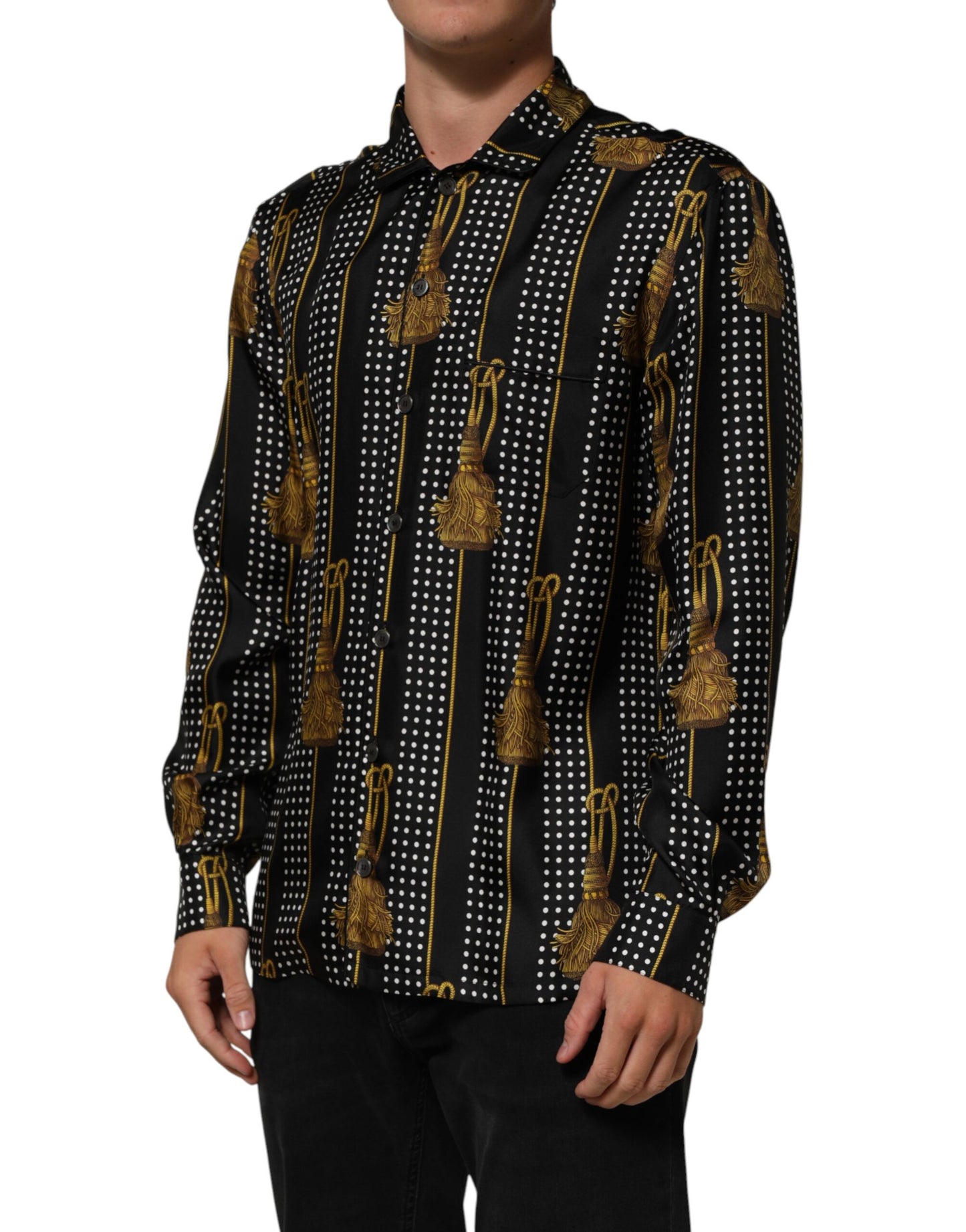 Black Dotted Tassel Silk Button Down Shirt