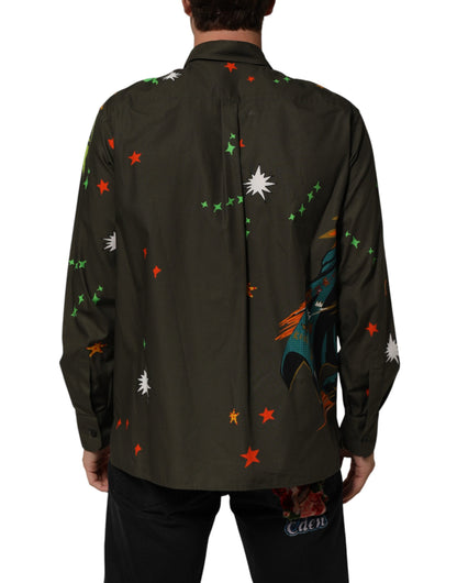 Green Superhero Print Button Down Shirt